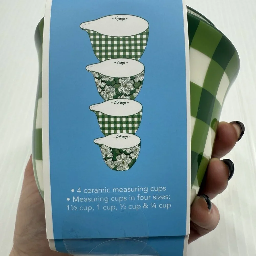 Draper James Green Gingham Floral Ceramic Measuring Cups Set 4 New Boxed Gift
